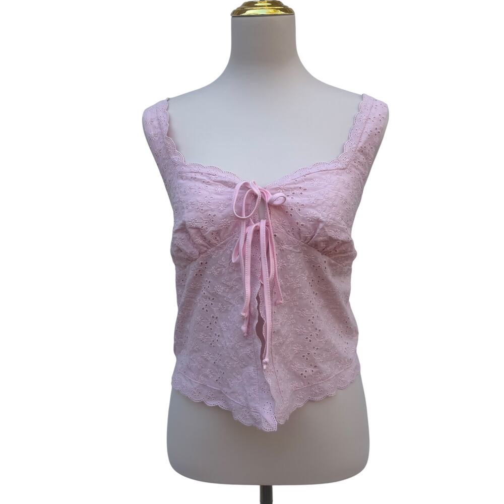 Aeropostale Eyelet Tie Front Flyaway Tank Top Shirt Lg Pink Lace Floral Coquette - Picture 3 of 10